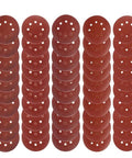 Top Notch 150 Piece Inch Sanding Discs With Hook And Loop Fastener For Wood Metal arranged in rows with 8 holes for dust removal.