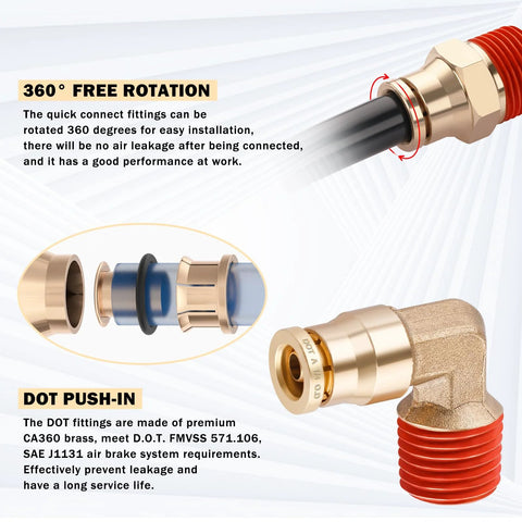 CheeMuii brass DOT air line fittings kit with red 1/4" and 3/8" lines; push-lock quick-connect pneumatic tubing set