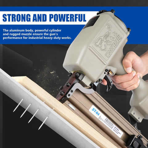 Person using Beast Heavy Duty Pneumatic Concrete T Nailer for 14 Gauge Nails Three Quarters to Two and a Half Inches, Lightweight Aluminum Body