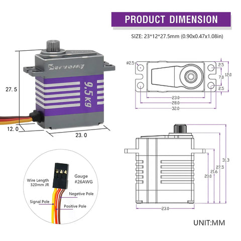Diagram showing dimensions of Beefed Up Micro Brushless Servo Motor SDS2451 with Full Metal Case, suitable for RC applications.