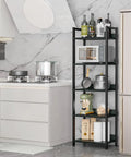 5 Tier Bookshelf With Drawer And Industrial Style Bakers Rack In Black used in kitchen next to fridge, holding microwave and jars