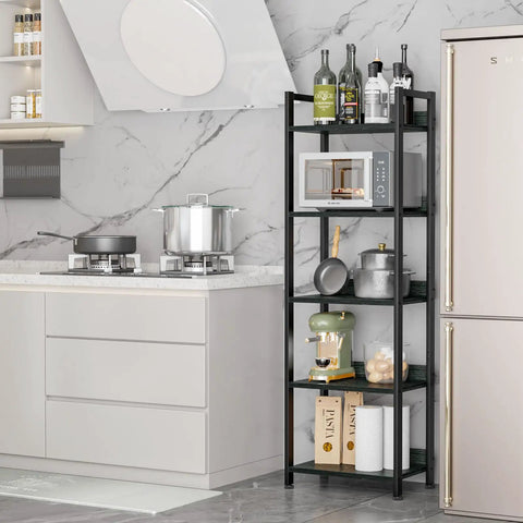 5 Tier Bookshelf With Drawer And Industrial Style Bakers Rack In Black used in kitchen next to fridge, holding microwave and jars