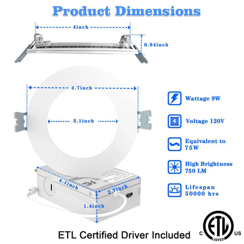 Ultra-Thin 4-Inch Recessed LED Lights Dope 12-Pack, dimensions and specifications, ETL Certified, junction box included