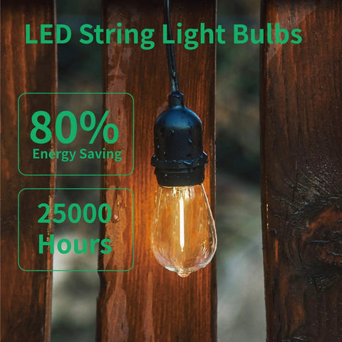 Close-up of 30 Pack S14 Edison String Light Bulb on wood, showcasing shatterproof design and warm white LED filament for outdoor use.
