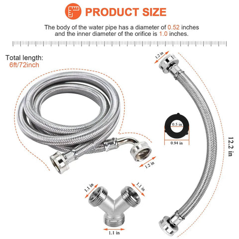 Upgraded 6Ft Premium Steam Dryer Hose Installation Kit showing 6 stainless steel hoses and brass Y connector