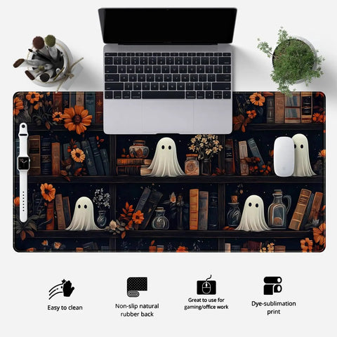Cute Vintage Gothic Desk Pad XXL Mouse Pad For Large Desks, Dark Academia Themed Extended Keyboard Mat with decorative bookcase design