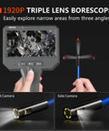 Triple Lens Borescope Pro Grade 1920P HD Endoscope with image on screen and lens views for inspection