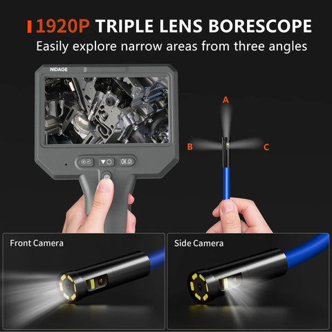 Triple Lens Borescope Pro Grade 1920P HD Endoscope with image on screen and lens views for inspection