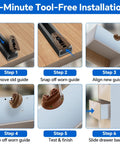 5-Minute Tool-Free Installation steps for Heavy Duty Center Mount Drawer Slide Replacement showing alignment and guide installation.