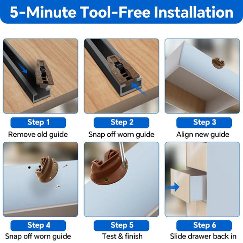 5-Minute Tool-Free Installation steps for Heavy Duty Center Mount Drawer Slide Replacement showing alignment and guide installation.