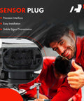 Mechanic showcasing a sensor plug with precision interface, highlighting easy installation and stable signal transmission