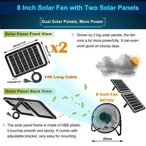 Solar Powered 8 Inch Exhaust Fan With 25W Dual Solar Panels, Cloudy Day Ready Air Circulation And Cooling For Greenhouse Chicken Coop Attic And Pet House, 14Ft Cable Install Free