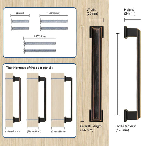Oil Rubbed Bronze Cabinet Pulls 10 Pack 5 Inch Hole Center Heavy Duty Kitchen And Furniture Handles with screws, size details shown