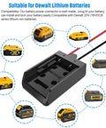 Secure Battery Adapter With Fuse And Switch For 20V Lithium Batteries, shown with DeWalt battery compatibility diagram.