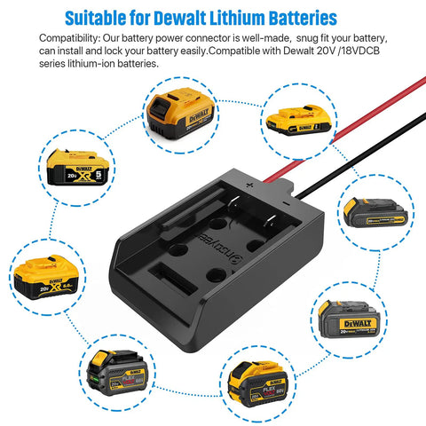 Secure Battery Adapter With Fuse And Switch For 20V Lithium Batteries, shown with DeWalt battery compatibility diagram.