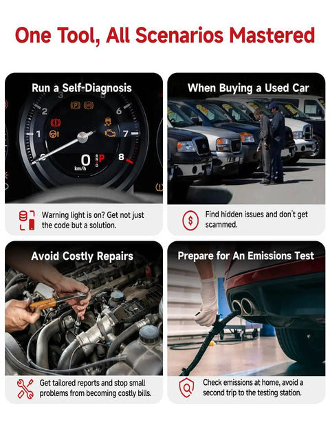 Dashboard, car lot, engine repair, and emissions test scenarios with AI Powered OBD2 Scanner Bluetooth For iOS And Android features