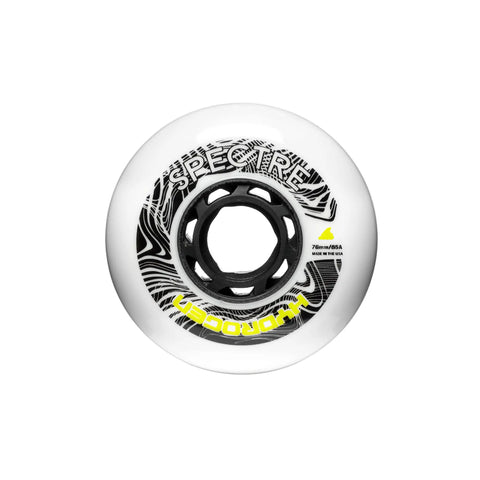 Top view of Hydrogen Spectre Inline Skate Wheels 76mm 85A Replacement Set White with black core design, showing premium cushion.