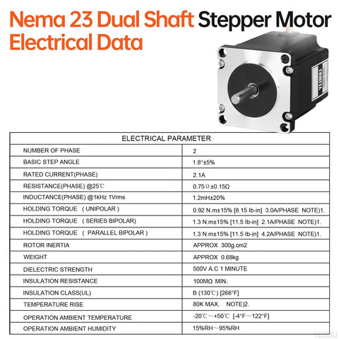 Front view of Nema 23 dual-shaft stepper motor with metal faceplate and black housing