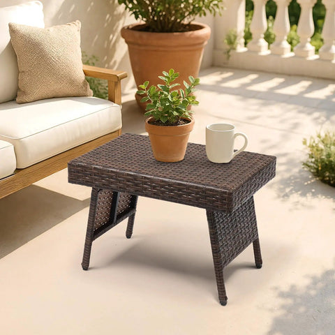 Portable Folding Wicker Table With Steel Frame For Outdoor Use Easy To Clean Weather Resistant Rattan Coffee Table on patio