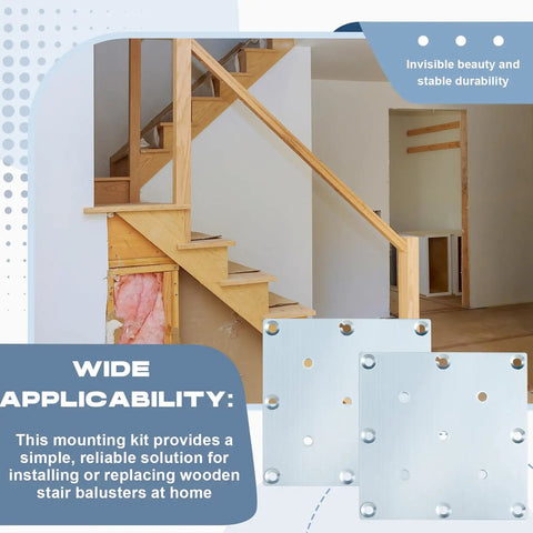 Two Pack Railing Newel Post Mount Kits For 3 To 3.5 Inch Wooden Staircases featuring hidden base plates installed near wooden stairs.