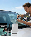 Windshield Crack Repair Kit Quick Fix For Chips And Cracks In Minutes With Invisible Finish Three Step Application For Home Roadside Or Auto Shop Use Durable Glass Repair Solution. Man using kit on car windshield.