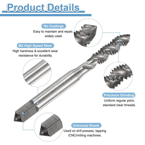 Top Shelf Spiral Flute Thread Taps 1/4-20 Unc 2B Right Hand Machine Threading Bits M2 High Speed Steel showing detail of precision grinding.
