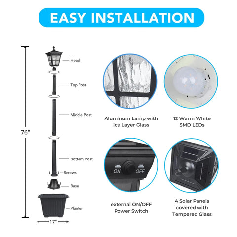 Diagram showing Solar Post Light With Planter For Lawn Yard Garden And Patio Dusk To Dawn Outdoor Lamp Auto Solar Powered components