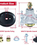 Diagram showing dimensions of Two Pack Spindle Assembly With Pulley 603987 and Belt 793828 for Hustler Raptor 42 Mowers