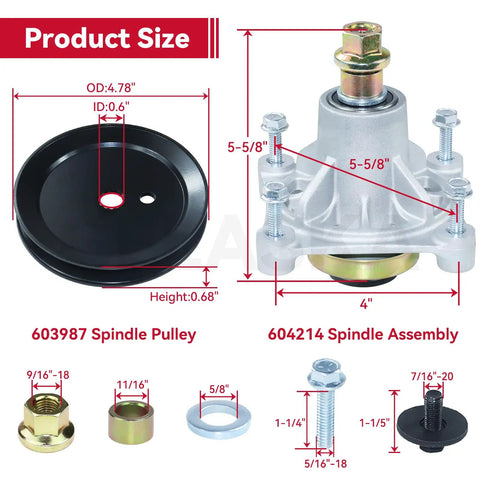 Diagram showing dimensions of Two Pack Spindle Assembly With Pulley 603987 and Belt 793828 for Hustler Raptor 42 Mowers