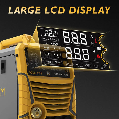 Aluminum MIG Welder With Pulse 250A Dual Voltage 110V 220V 6 In 1 Multifunctional Welding Machine close-up of LCD display