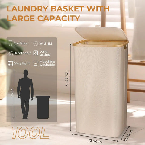 Big 100L Laundry Basket With Lid Heavy Duty Collapsible Hamper Built With Bamboo Frame And Oxford Fabric dimensions shown