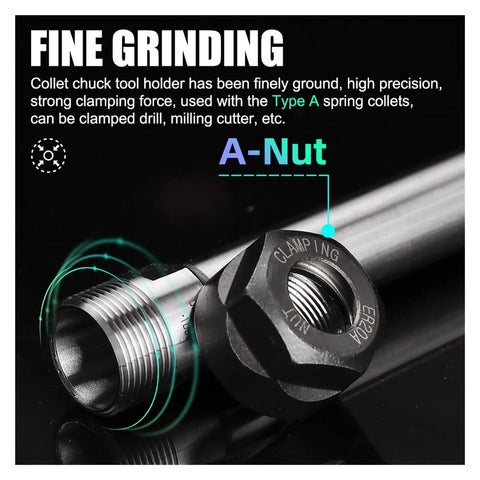 Rock Solid ER Collet Set For CNC Milling And Lathe Machining showing A-Nut and finely ground tool holder for precise clamping.