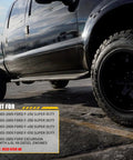 Side view of a Ford Super Duty truck, suitable for Powerstroke Oil Dipstick For Ford Super Duty 6 0 Diesel Engines 2003 To 2007 F250 F350 F450 F550 Universal Oil Level Indicator Tool Durable Oil Resistant High Temp Ready