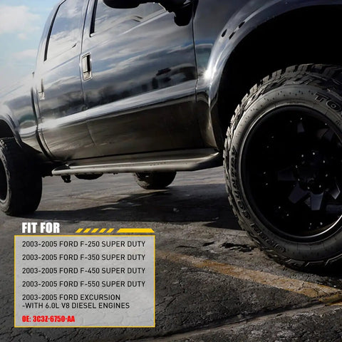Side view of a Ford Super Duty truck, suitable for Powerstroke Oil Dipstick For Ford Super Duty 6 0 Diesel Engines 2003 To 2007 F250 F350 F450 F550 Universal Oil Level Indicator Tool Durable Oil Resistant High Temp Ready