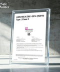 ANSI/ISEA Z89.1-2014 (R2019) Class C safety helmet certification document displayed in a clear acrylic frame.