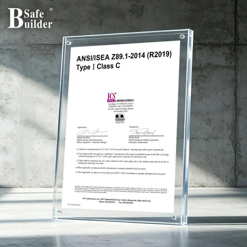 ANSI/ISEA Z89.1-2014 (R2019) Class C safety helmet certification document displayed in a clear acrylic frame.