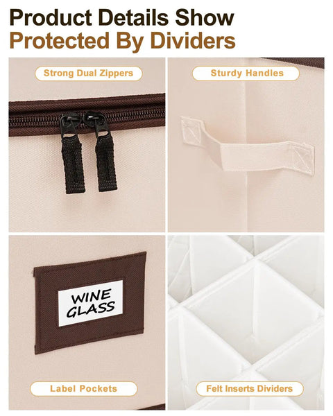Heavy Duty Wine Glass Storage Box Two Pack with Thick Padded Dividers showing strong zippers and felt inserts dividers.