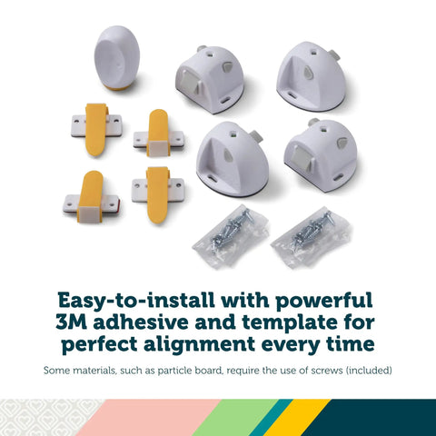 Adhesive Magnetic Cabinet Locks Set With Four Locks And One Key Easy Installation displaying components on a white background