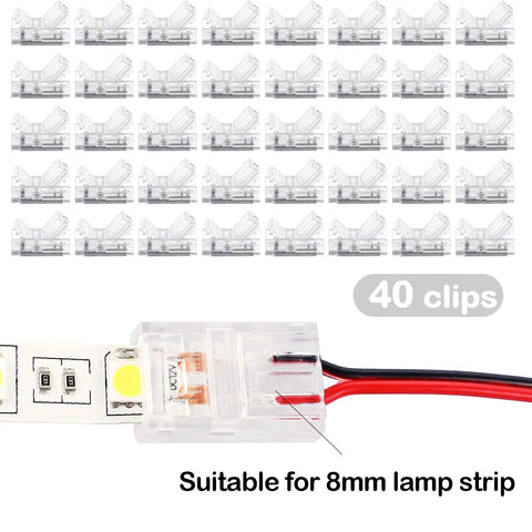 40 Pack 2 Pin 8mm RGB LED Strip Connectors Waterproof Solderless Adapter set displayed with a close-up of installed connector.