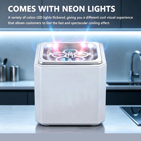 Kickass Countertop Glass Froster Ultra Fast Chiller Hella Quick One Touch Cooling For Cocktails Wine Beer Dope LED Color Light overlooking neon lights.