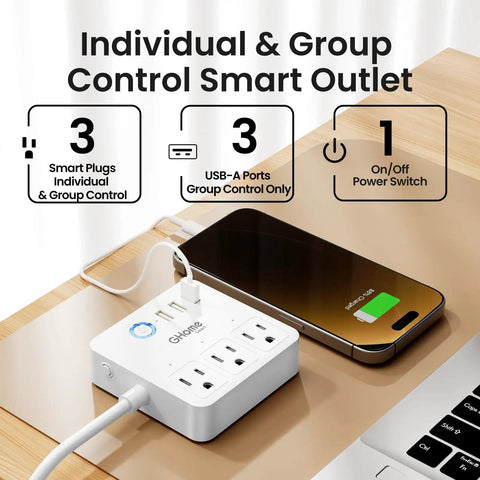 Smart Power Strip Surge Protector With 6 In 1 WiFi Outlets next to charging phone on desk, Easy App Control, White Extension Cord