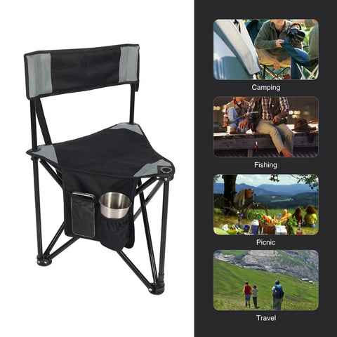 2 Pack Go-To Folding Tripod Camping Chairs With Backrest, black steel chair, cup holder, suitable for camping, fishing, picnics