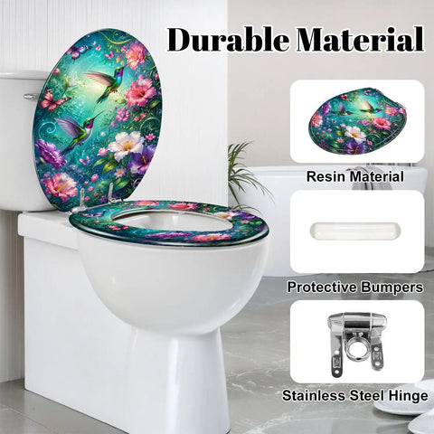 Round Vibrant Hummingbirds Butterflies Chinoiserie Colorful Toilet Seat with resin material and stainless steel hinge, showcasing floral design.