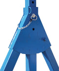 Heavy Duty Adjustable Gantry Crane Built From Solid Steel, close-up of blue frame base with chain and adjustment holes.
