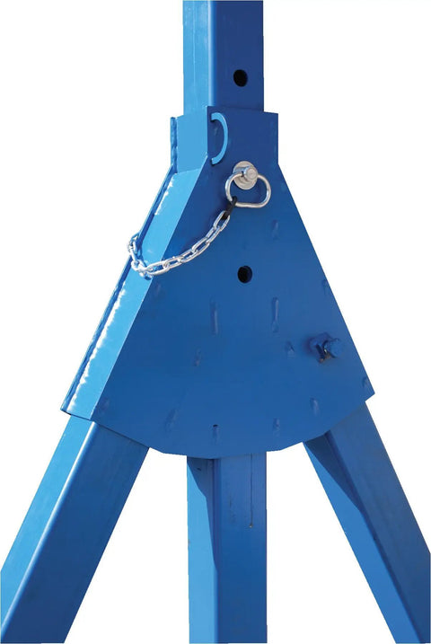 Heavy Duty Adjustable Gantry Crane Built From Solid Steel, close-up of blue frame base with chain and adjustment holes.