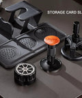 53mm Espresso Tamper Station With Spring Loaded Tamper And WDT Tool For Flawless Pulls showing components including storage card slot, gravity distributor, and tamper.