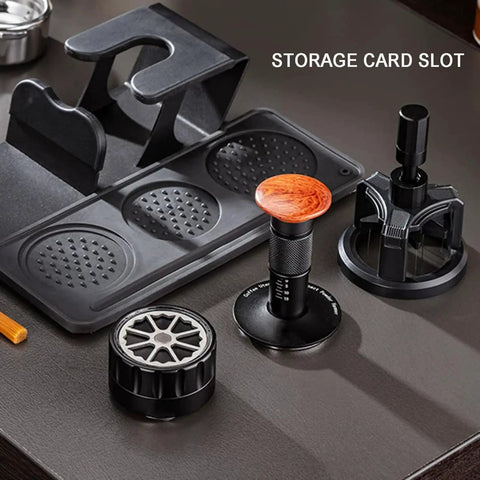 53mm Espresso Tamper Station With Spring Loaded Tamper And WDT Tool For Flawless Pulls showing components including storage card slot, gravity distributor, and tamper.