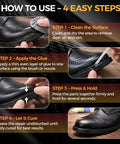 Step-by-step guide using Waterproof Clear Shoe Repair Adhesive For Cracks And Peeling Soles Heavy Duty Glue To Fix Boots Sneakers Leather Rubber And Canvas Flexible Bond That Stays Strong Under Daily Wear Easy Quick Set Repair 30g on black shoe.