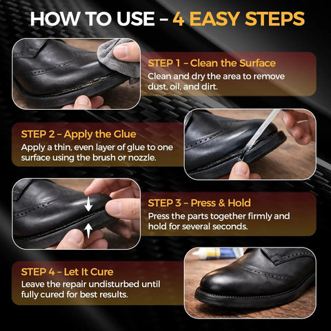 Step-by-step guide using Waterproof Clear Shoe Repair Adhesive For Cracks And Peeling Soles Heavy Duty Glue To Fix Boots Sneakers Leather Rubber And Canvas Flexible Bond That Stays Strong Under Daily Wear Easy Quick Set Repair 30g on black shoe.