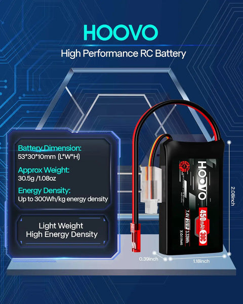 2S LiPo Battery 7.4V 450mAh 30C with JST Plug For RC Helicopter showcasing dimensions and lightweight design